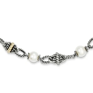14k/Silver Two-Tone Sterling Silver 14k 14kt 8mm FW Cultured Pearl Necklace 9mm - Picture 1 of 3