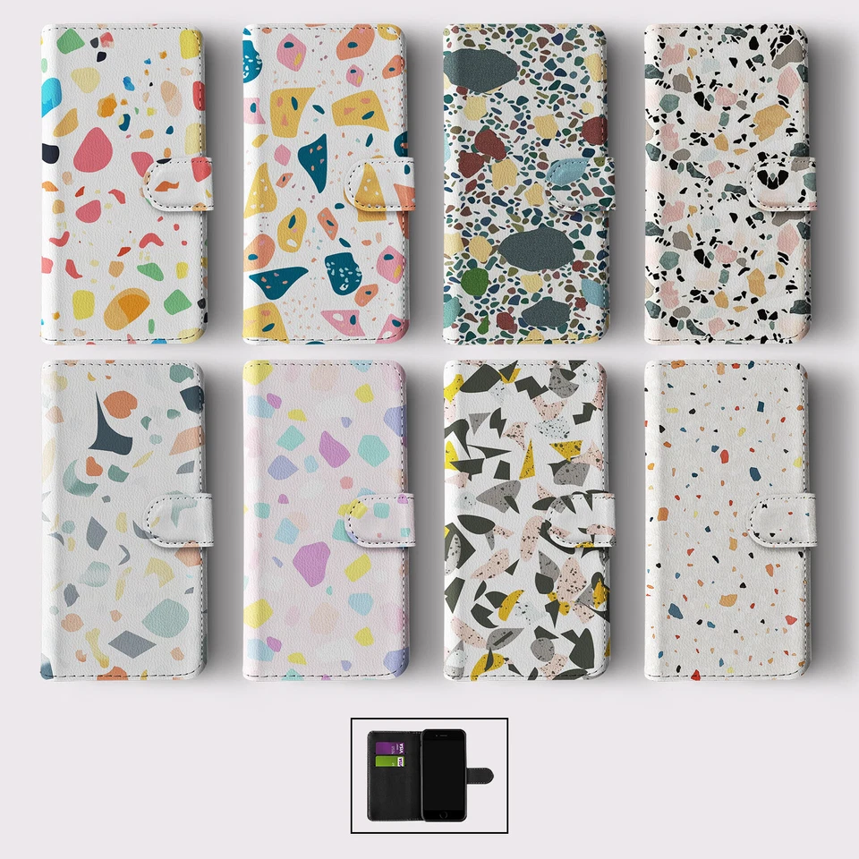 FLIP WALLET PHONE CASE FOR IPHONE 16 15 14 13 12 11 TERRAZZO ABSTRACT COLOURFUL - Image 1 of 1