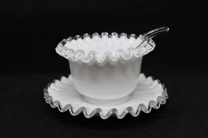 Vintage Fenton Glass White Silver Crest Mayonnaise Bowl With Under Plate Spoon - Picture 1 of 6