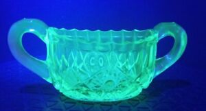 VTG Pressed Glass Uranium Glass - 2 Handle Open Sugar Bowl- UV Fluorescent