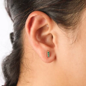 Emerald 14K Gold Gemstone Minimal Bar Studs Fine Earrings- The Jewelz - Picture 1 of 8