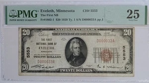 $20 1929 EVELETH, MN NATIONAL BANK NOTE PMG 25 Cht 5553 - Picture 1 of 4
