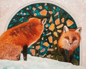 Mirror dimension, red foxes art, Original fantasy artwork oil painting, 16''x20" - Picture 1 of 7
