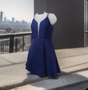 Speechless Size 9 Junior's Blue Satin Illusion-Inset Padded Fit & Flare Dress. - Picture 1 of 23