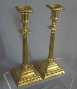 PAIR ANTIQUE ENGLISH NEOCLASSICAL BRASS CANDLESTICKS + BOBECHES - Picture 1 of 14