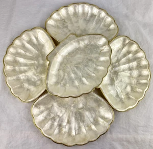 Set 5 Vintage Capiz Sea Shell Tray Trinket Dish Appetizer Plate Gold Brass Rim - Picture 1 of 14