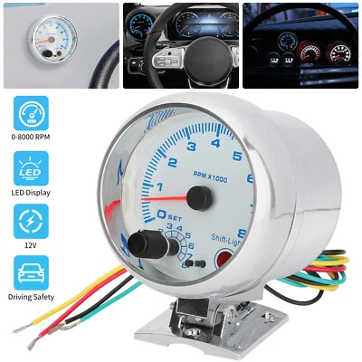 3.75" 12V Car Tachometer Gauge Meter 0-8000 RPM With LED Shift Light Universal - Image 1 of 4