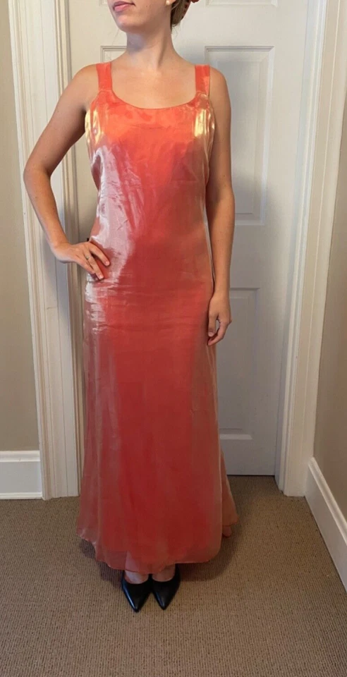 Винтажный коралл и золото переливающийся длинный без рукавов выпускное платье w/легкий поезд XL - Изображение 1 из 4