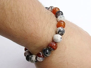 Men's Shamballa bracelet all 10mm Natural Gemstone Fire Agate  beads - Picture 1 of 3