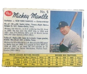 1962 Post Cereal Canadian - # 5 Mickey Mantle- NY Yankees, GN - Picture 1 of 2