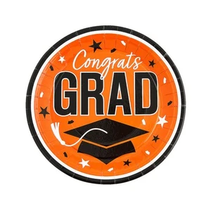 Fun Express 9" Graduation Party Orange Congrats Grad Round Paper Dinner Plates - - Picture 1 of 1