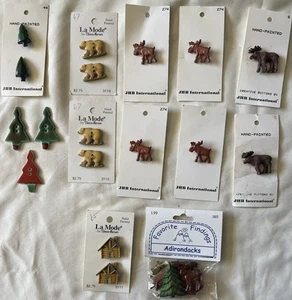 LOT OF 27 WOODS CABIN MOOSE ELK BEAR TREE 17 ARE HAND PAINTED BUTTONS, NEW - Picture 1 of 7
