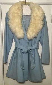 Vintage Wool Swing Coat with Sheepskin Fur Collar, Light Blue 🩵 Women’s Size 11 - Picture 1 of 18