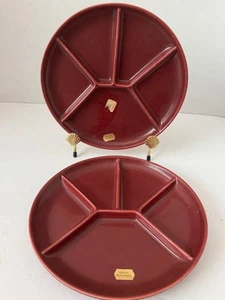 Pair Red Ceramic Divided 8.5 in Fondue Appetizer Plates Switzerland Label MCM - Picture 1 of 7