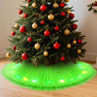 Green Christmas Tree Skirt with LED Light 72 Inch Fur Xmas Tree Collar Mat Pu... - Image 1 of 4