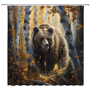 Brown Bear Shower Curtain Autumn Birch Tree Forest Rustic Animal Wildlife Cab... - Picture 1 of 6