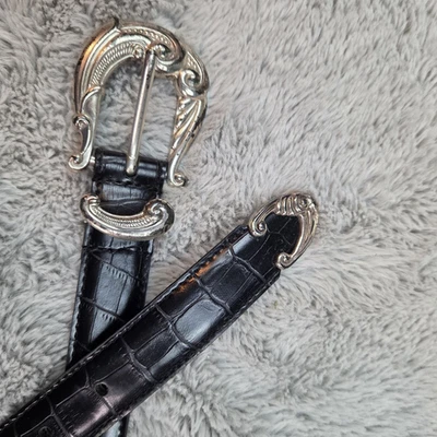 Cinturón De Colección Cuero Negro Cocodrilo Repujado Western Ornado Plata Hebilla Talla XL Galaxy Foto 1 de 4