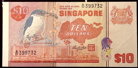1980 SINGAPORE $10 WHITE COLLARED KINGFISH  CRISP  BANKNOTE  INV#B10511 Cover