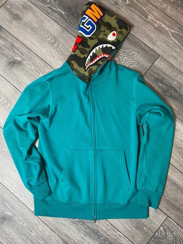 A BATHING APE (BAPE) Felpa con cappuccio zip intera A BATHING APE Bape blu verde squalo verde acqua mezza 1° mimetica XL