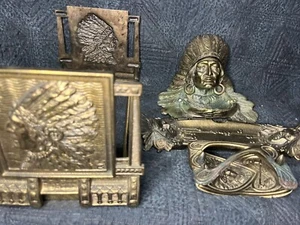 4 Pcs ANTIQUE C.J.O. JUDD AMERICAN WAR INDIAN BOOKENDS INKWELL DESK BLOTTER SET - Picture 1 of 22