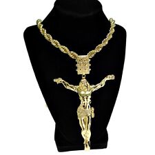 14K Gold Plated Huge Jesus Body Iced Flooded Out CZ 4.5" Pendant Chain 30" Rope