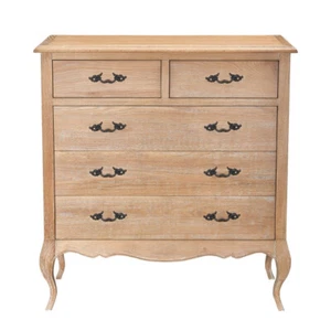 ARINA HAND-CARVED SOLID OAK 5 DRAWER TALLBOY CHEST OF DRAWERS WHITEWASHED OAK - Picture 1 of 6