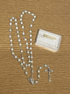 Catholic Jerusalem White Grey Marble Beads with Holy Land Soil & Crucifix Rosary - Picture 1 of 7