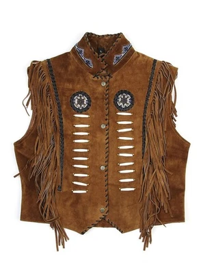 Classic Native American Fringe Vest, Vintage Leather Beaded Tassels Cowboy Vest - Image 1 of 4