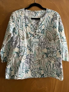 Royal Robbins 3/4-Ärmel Oberteil mit geteiltem Ausschnitt weiß blau aqua große Blumen tropisch - Bild 1 von 9