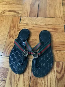 Gucci GG Black Thong Guccissima Sandals Logo Monogram Flip Flop Web Day 8.5 38.5 - Picture 1 of 8