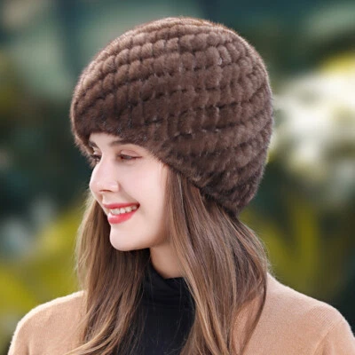 Handmade Women Knitted Elastic Real Mink Fur Hat Warm Beanies Winter Cap Outdoor - Изображение 1 из 4