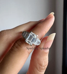 Emerald Cut Moissanite Solitaire With Baguette Accents Engagement Ring For Women - Picture 1 of 12