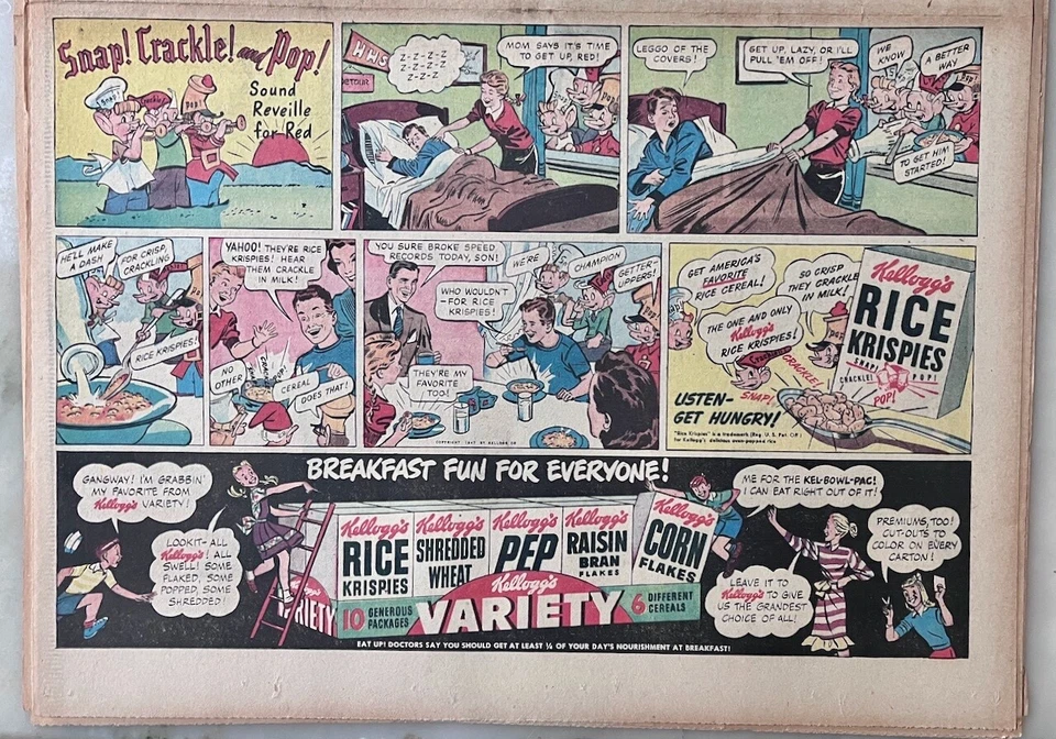 Anúncio de jornal em quadrinhos 1947 para Kellogg's - Snap, Crackle, Pop Sound Reveille - Imagem 1 de 1