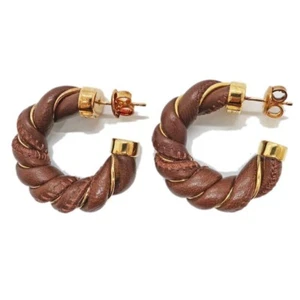 Authentic Bottega Veneta Twist Earrings Brown Gold Ag925 Leather Accessory Italy - Picture 1 of 10