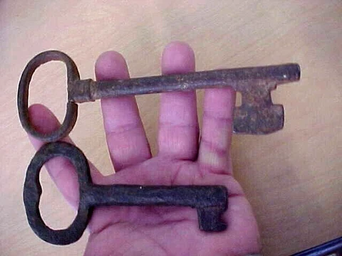 2 BIG ANTIQUE ORIGINAL c1800's WROUGHT IRON JAIL DOOR KEY HAND WROUGHT Cover