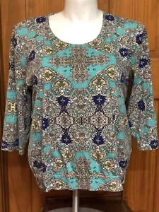 CHICOS Top Sz 3 16/18 XL Aqua Gray Blue Yellow Top 3/4 Sleeve Knit VGC Stretch - Picture 1 of 6