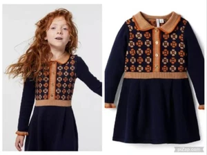 JANIE & JACK Girl's Geo Floral Sweater Dress Retro Navy Blue Knit Collared 4 - Picture 1 of 5