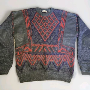 Vintage 80er Mark Elliot Wollmischung Pullover Leder Patches Funky - Bild 1 von 10