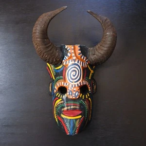 Vintage Mexico Diablo Horned Devil Colorful Ram's Horn Wooden Folk Art Mask - Picture 1 of 8