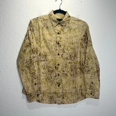 Pete Huntington Bali Hawaiian Shirt Mens M Green Tan Botanical Print Button Up - Image 1 of 4