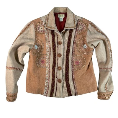 Chaqueta Sandy Starkman Bordada Mezcla Lana Beige Marrón Boho Arte para Usar Talla S Foto 1 de 4