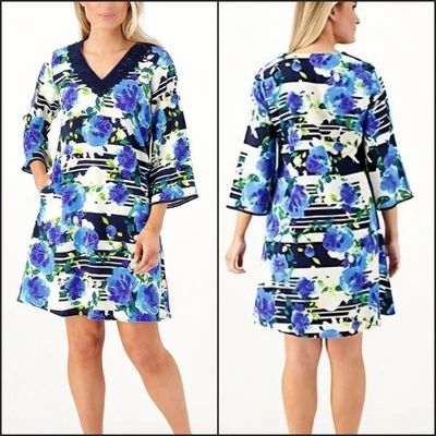 Vestido Isaac Mizrahi Estampado Floral Mezcla de Lino Línea A Cuello en V Bolsillos Talla Mediana  Foto 1 de 4