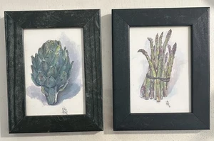 VTG Julia Crainer Still Vegetables Watercolor Prints Asparagus Artichoke Framed - Picture 1 of 9