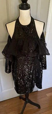 Mini Vestido ASOS Luxe Lantejoulas Babados Halter Ocasiões Tamanho 10 Ombro Frio Preto - Imagem 1 de 4