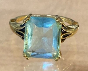 Topaz CZ Ring Sterling Silver 14k Gold Plated Large Blue Stone 12x10mm Size 7 US - Picture 1 of 10