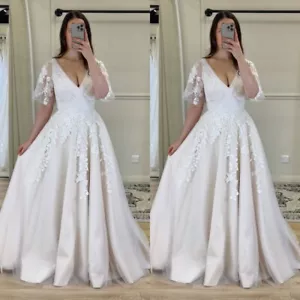 Wedding Dresses Short Sleeves V Neck Lace Aplliques A Line Beach Bridal Gowns - Picture 1 of 9