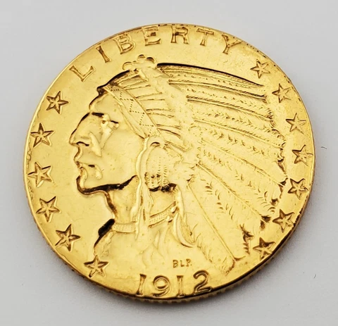 1912 $5 Gold Indian Us Pre33 Coin Half Eagle Ex Jewelry Cleaned Polished Cover