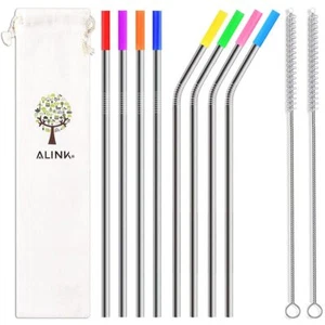 8 Pack Reusable Stainless Steel Drinking Straws w/ Cleaning Brush Silicone Tips - Picture 1 of 8