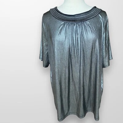 Maggie Barnes Size 1X 18/20W Top Shirt Silver Gray Metallic Short Sleeve Stretch - Image 1 of 4