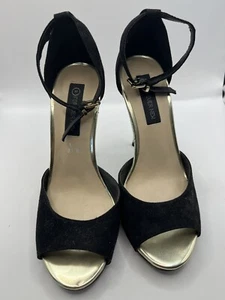 Forever New Misa Size 37/6 Black and Gold Metal Stiletto Heels Peep Toe Suede - Picture 1 of 8